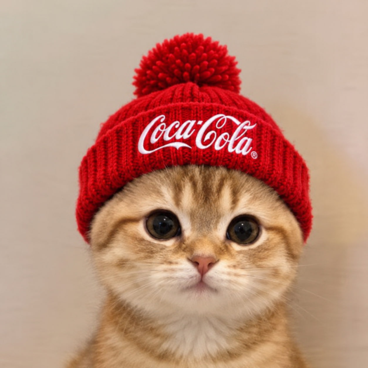 COCACAT, a golden cat wearing a bright red knitted beanie