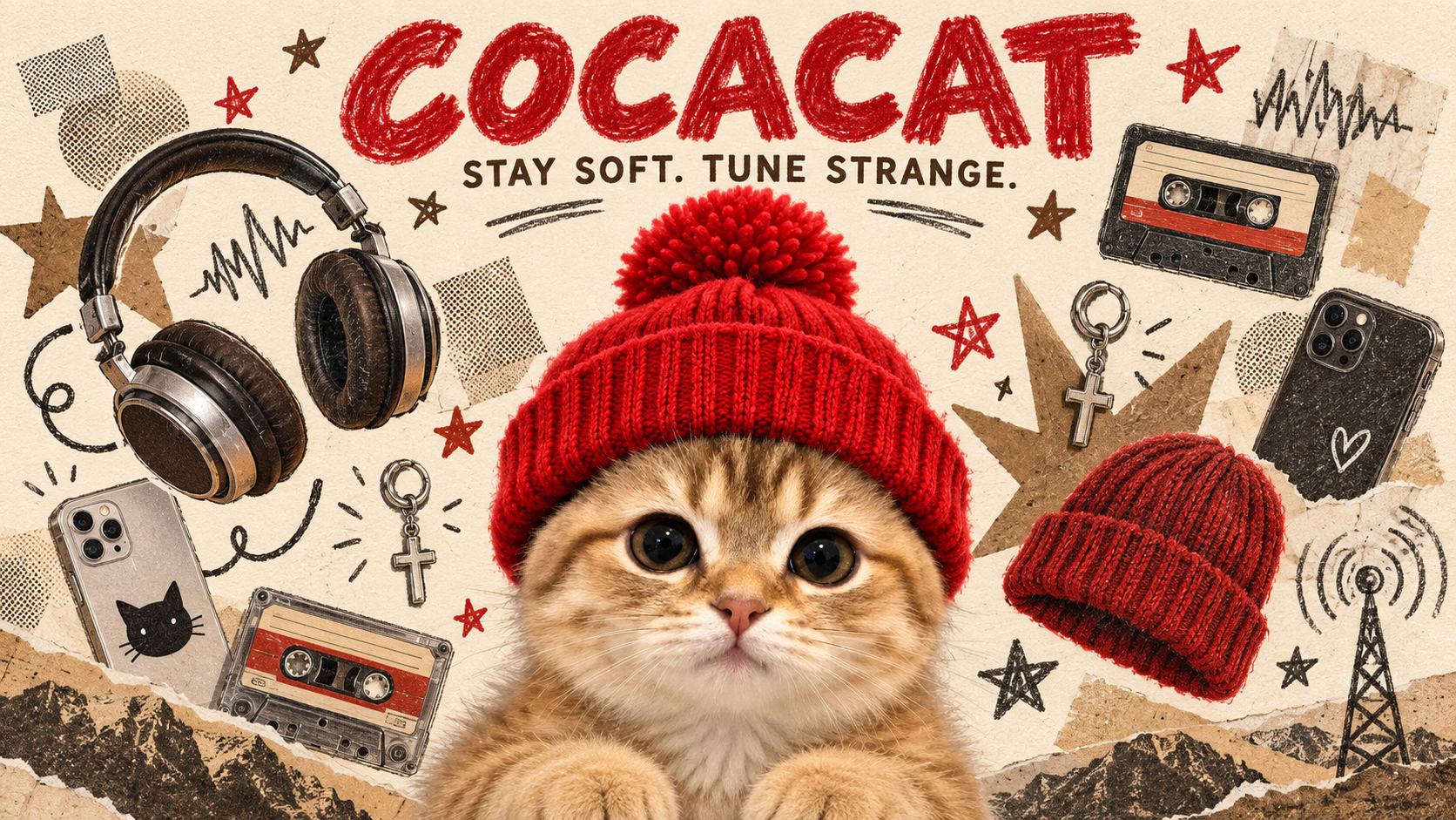 Illustrated COCACAT world with phones, cross earrings, headphones, beanies and radio-wave scribbles